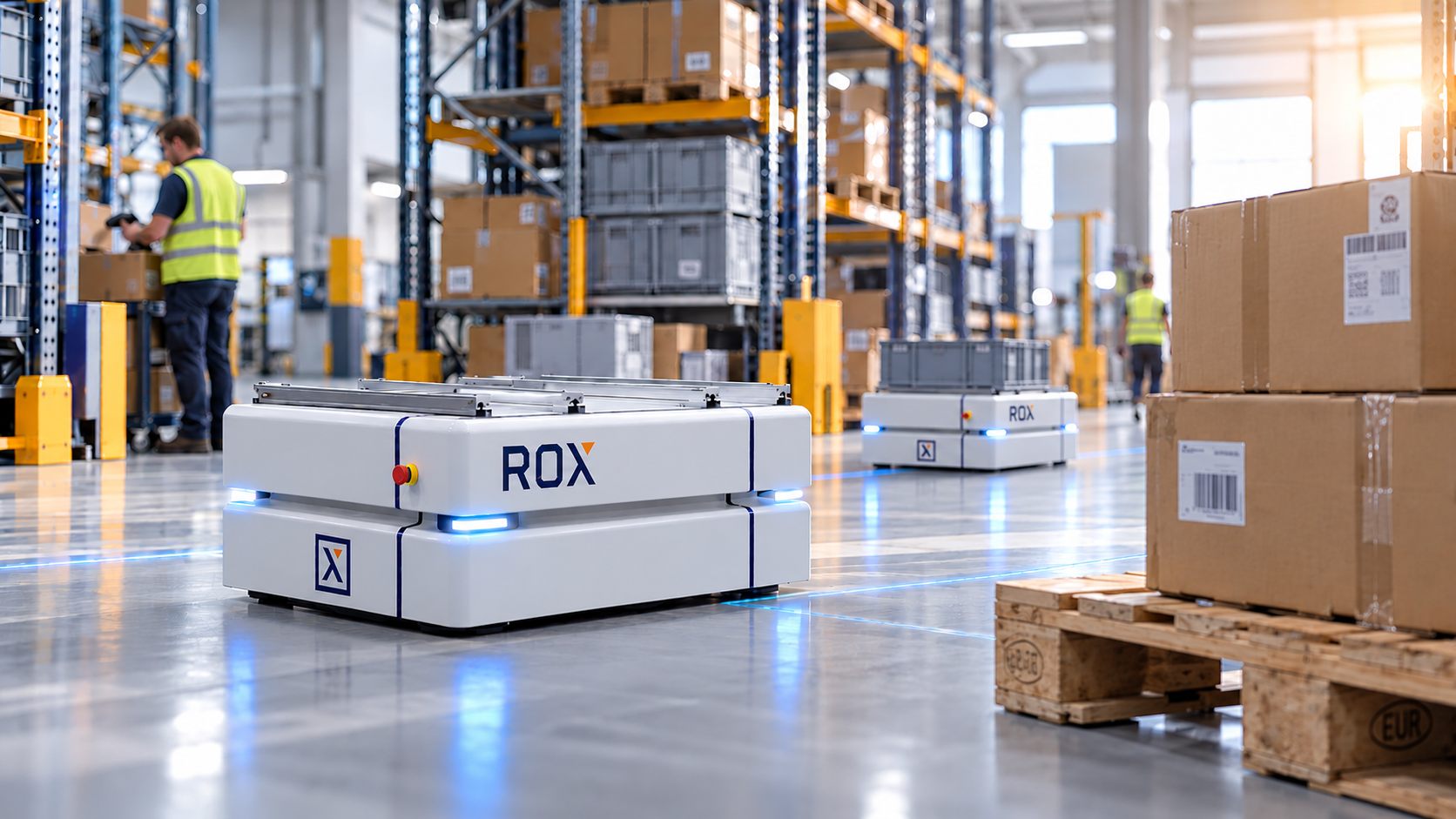 ROX autonomous mobile robot operating in a warehouse